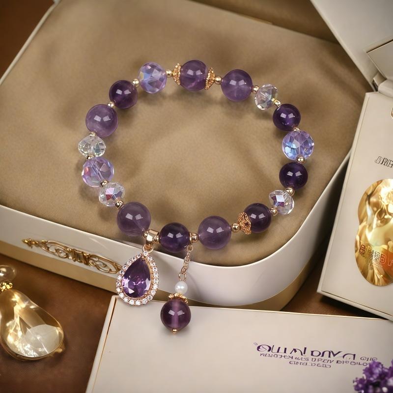 Mode Paarse Kristallen Kralen Armbanden voor Vrouwen Ronde Kralen Paars Klavertje Vier Hanger Armband Geluk Stretch Handketting Sieraden voor Bruiloft