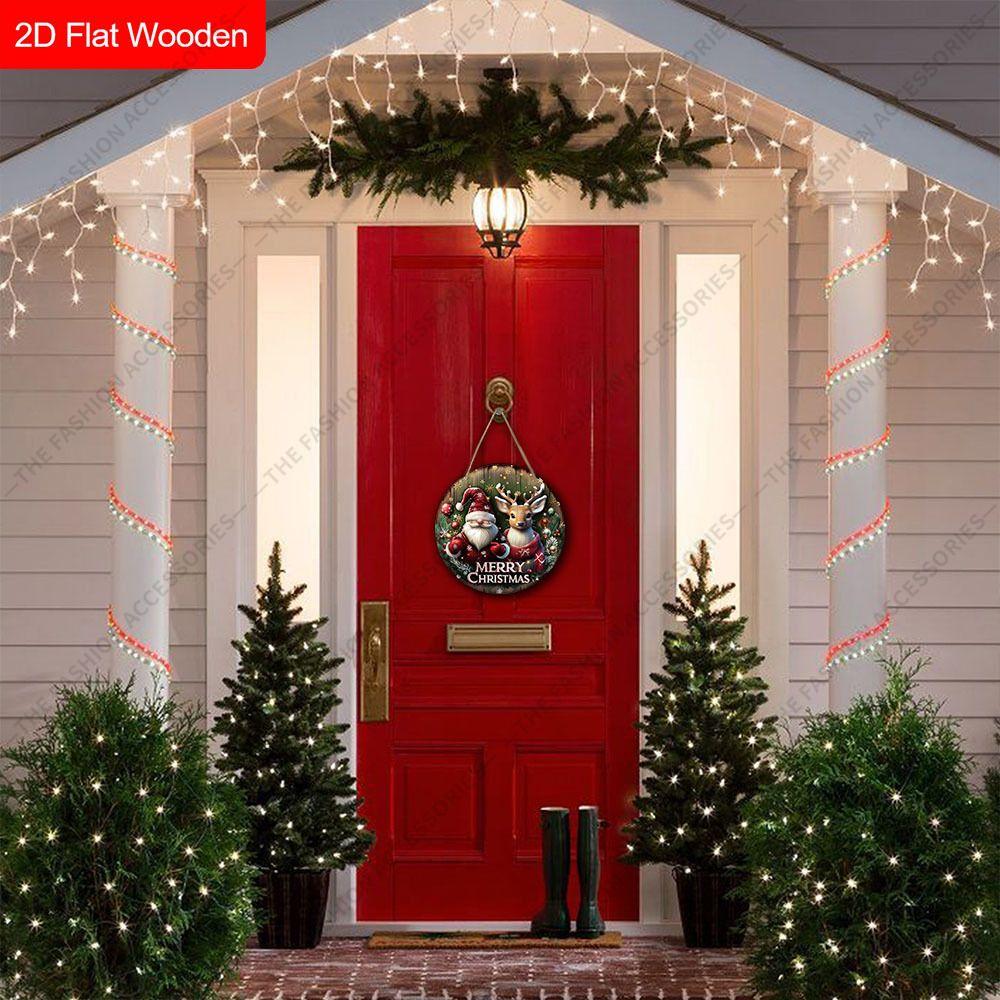 Santa Claus Reindeer Merry Christmas Round Wooden Hanging Sign, 2D Flat Printed Vintage Wooden Board Front Door Decor,