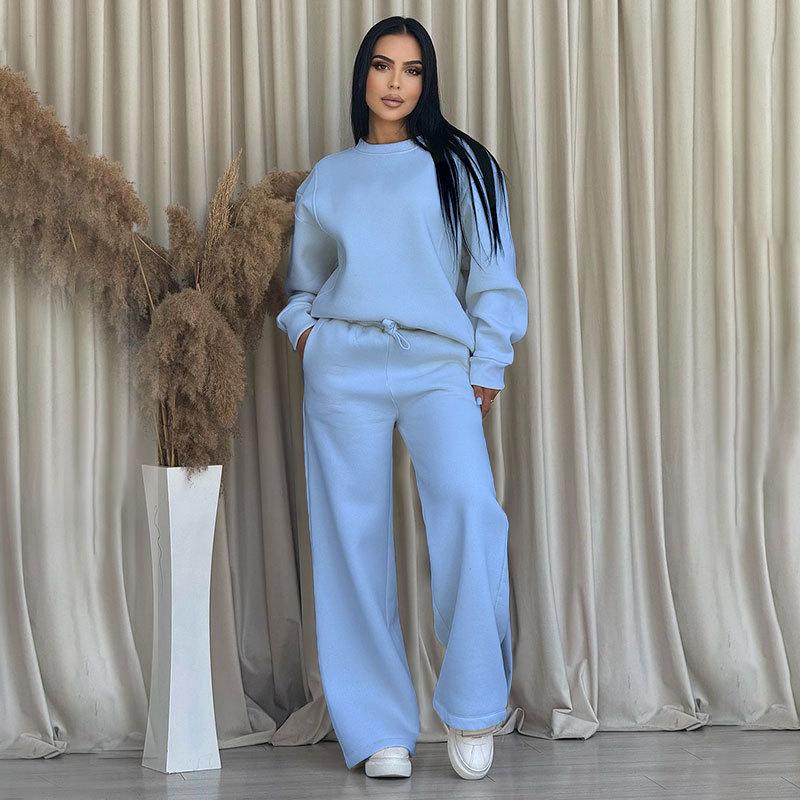 2024 Autumn and Winter New Solid Color Round Neck Long Sleeve Loose Women's Clothing Fashion Casual Wide Leg Pants Set