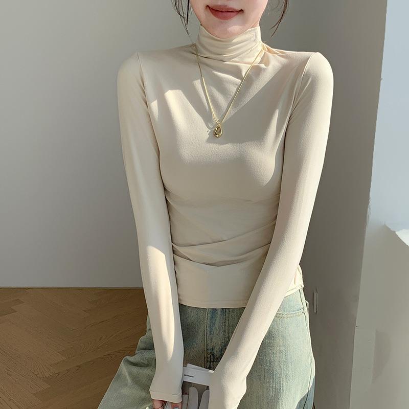 Women's Half-high Neck Inner Wear Autumn and Winter Sanding Base Shirt Slim-fit Warm Outer Wear Long-sleeved T-shirt Top