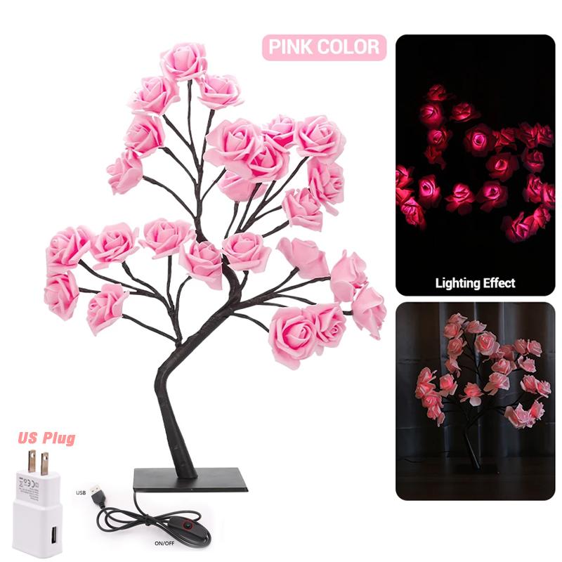 LED Rose Tree Desk Lamp USB Powered Artificial Flower Night Light Bedroom Living Room Party Wedding Valentine's Day Decoration
