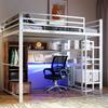 Loft Bed, 140x200cm, Metal Bed, With LED Lights, Desk, 1 Drawer, Shelves, Railing, Stairs, Without Mattress, White