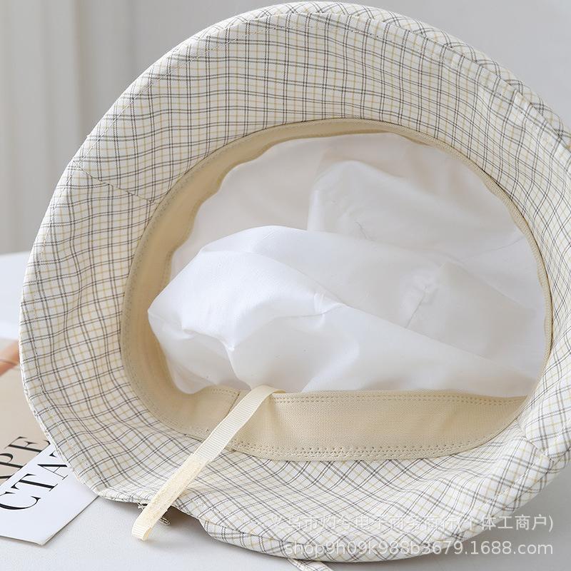 Korean Ins Sweet Navy Blue Plaid Bucket Hat Women's Summer Bow Big Eaves Versatile Face Small Sunshade Basin Hat