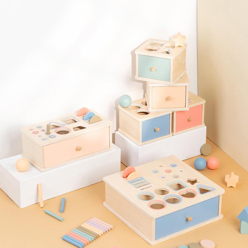 Montessori Object Permanent Box Wooden Toy Color Sorting Shape Matching Box Coins Ball Early Educational Toys Fine Motor Skill