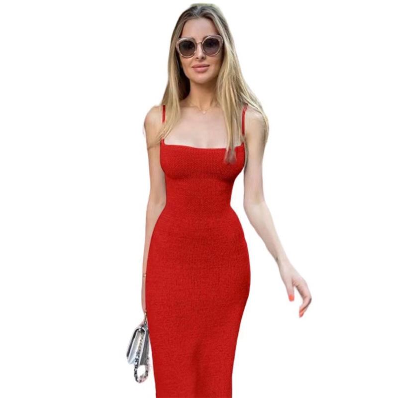 Knit Bandage Sling Female Maxi Dress Slim Sleeveless Backless Side Split Summer Lady Solid Robes