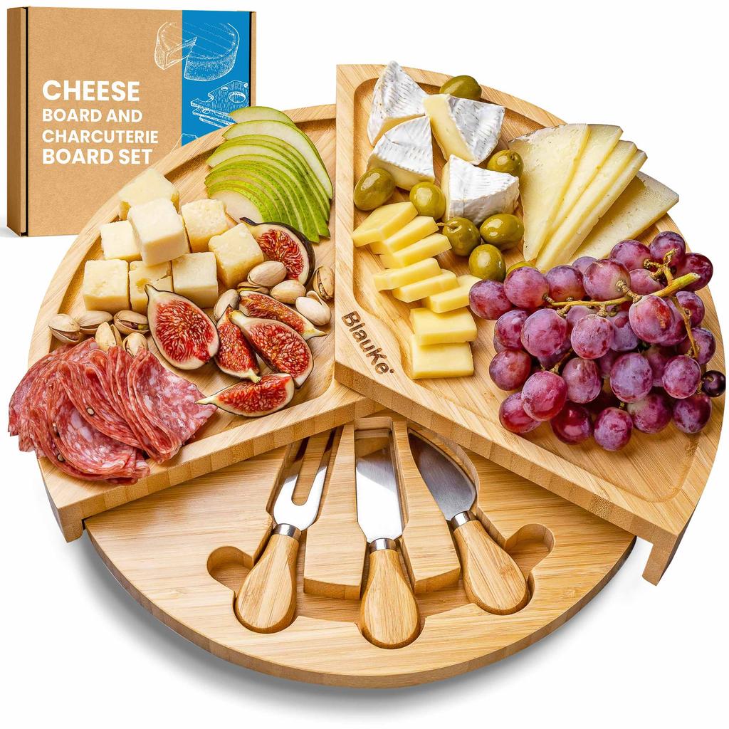 Bamboo Cheese Board Set - 37cm Swiveling Charcuterie Board with Slide-Out Drawer - Anniversary Birthday Housewarming Gift