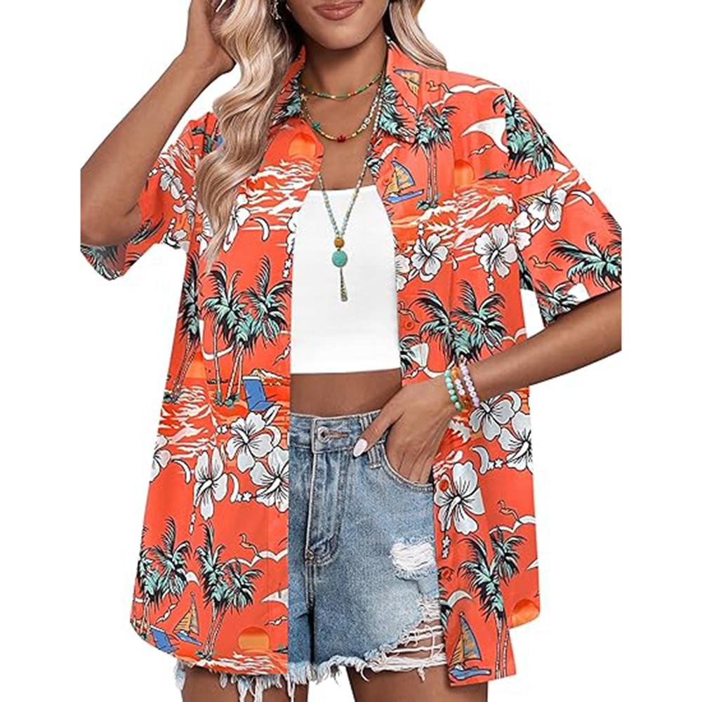Damen Kurzarmhemden Hawaiianhemd Floral 3D-Druck Basic Hemden Mode Strand Resort Stil Einreiher Hemden