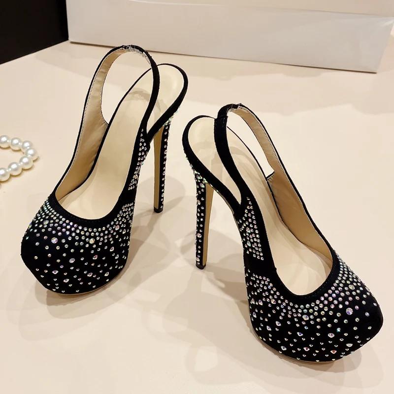 Eilyken Sexy Slingbacks Extreme ψηλά τακούνια Πλατφόρμα Woman Pumps Designer Silk CRYSTAL Παπούτσια Stripper Party Round Toe