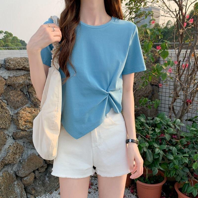 GMXIA Kurzes Design Slim Base Shirt Einfarbiges Oberteil Damen Sommer Hohe Taille Crop Unregelmäßiges Kurzarm-T-Shirt Damen