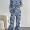 European, American Autumn and Winter Blue Splicing Flower Casual Long-sleeved Suit Women's Hooded Sweater Trousers Two-piece Set