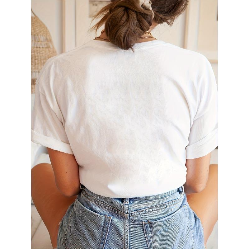 Europäische Größe Polnischer Textstil Goldener Charakter Aufdruck T-Shirt, Kurzarm Rundhals Lässiges Oberteil für Sommer & Frühling, Damenbekleidung