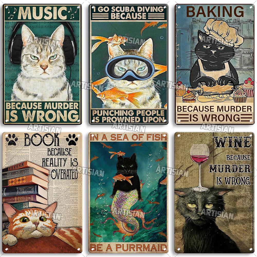 Artisian Black Cat Metal Poster Pet Tin Plate Moggy Decorative Sign Wall Decor Garage Bar Pub Club Hotel Cafe Kitchen Home