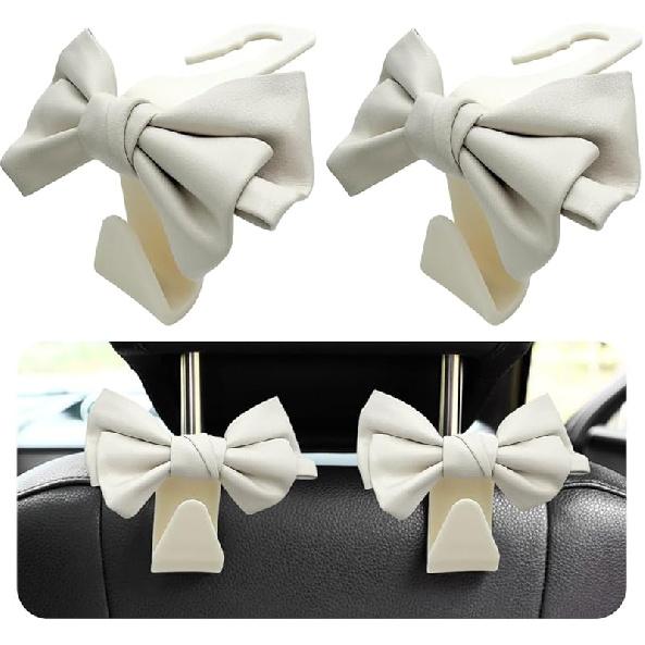 2 PCS Car Seat Headrest Hooks, Cute Bow Shaped Vehicle Backseat Storage Hooks, Leather Bow Shaped Sturdy Car Seat Back Hooks For