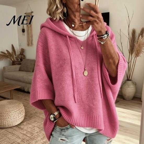 Fall Pullover Sweater Autumn Women Knit Sweater, Loose Fit Drawstring Hooded Solid Color 3/4 Sleeve Drop Shoulder Casual Long Tops