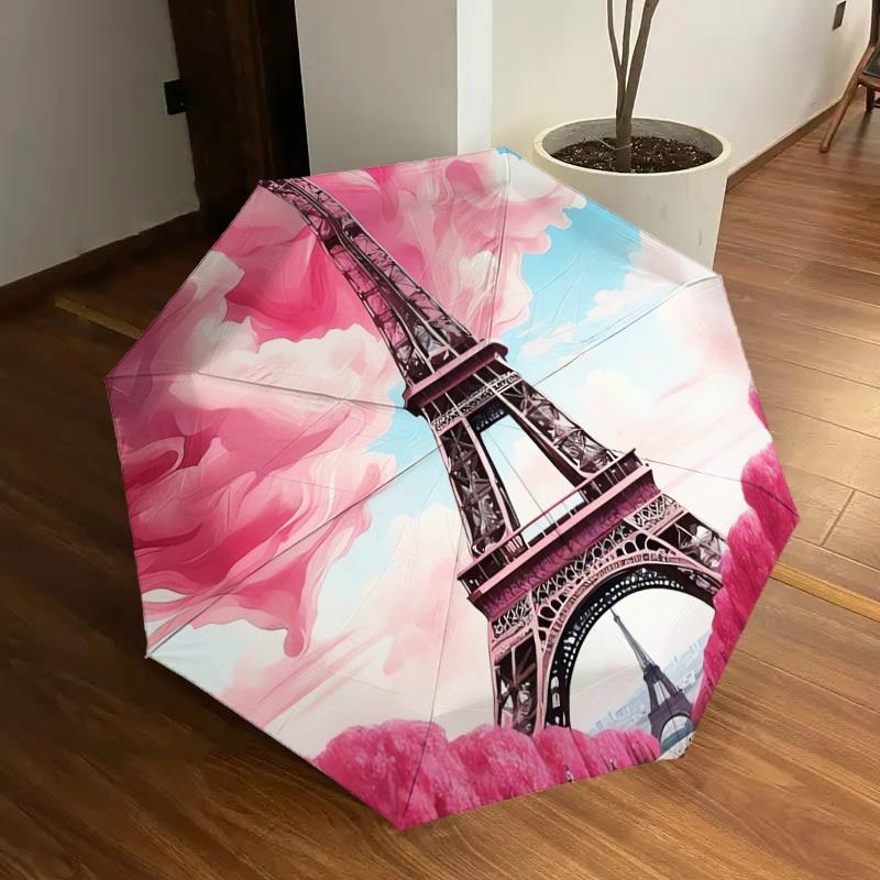 1pc Eiffel Tower Pink Clouds Paris Romance Umbrella with Plastic Handle,Suitable for All Seasons Home Travel Outdoor UmbrellaDD369