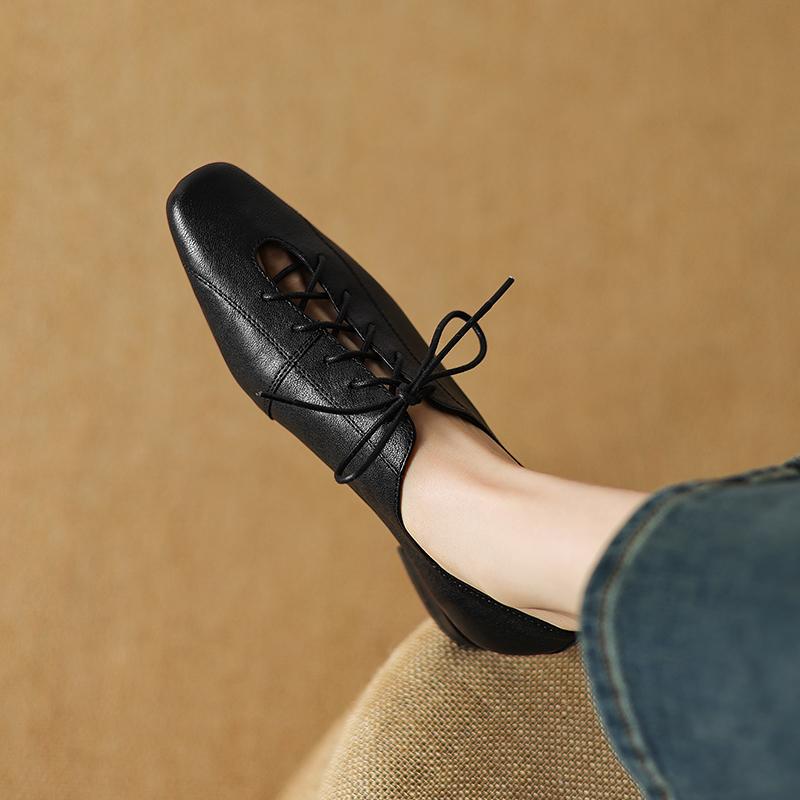 Fashion 2025 New Soft Genuine Leather Lace-up Women Heels Shoes Square Toe Comfortable Fashion Casual Low Heel Shoes Four Seasons Shoes