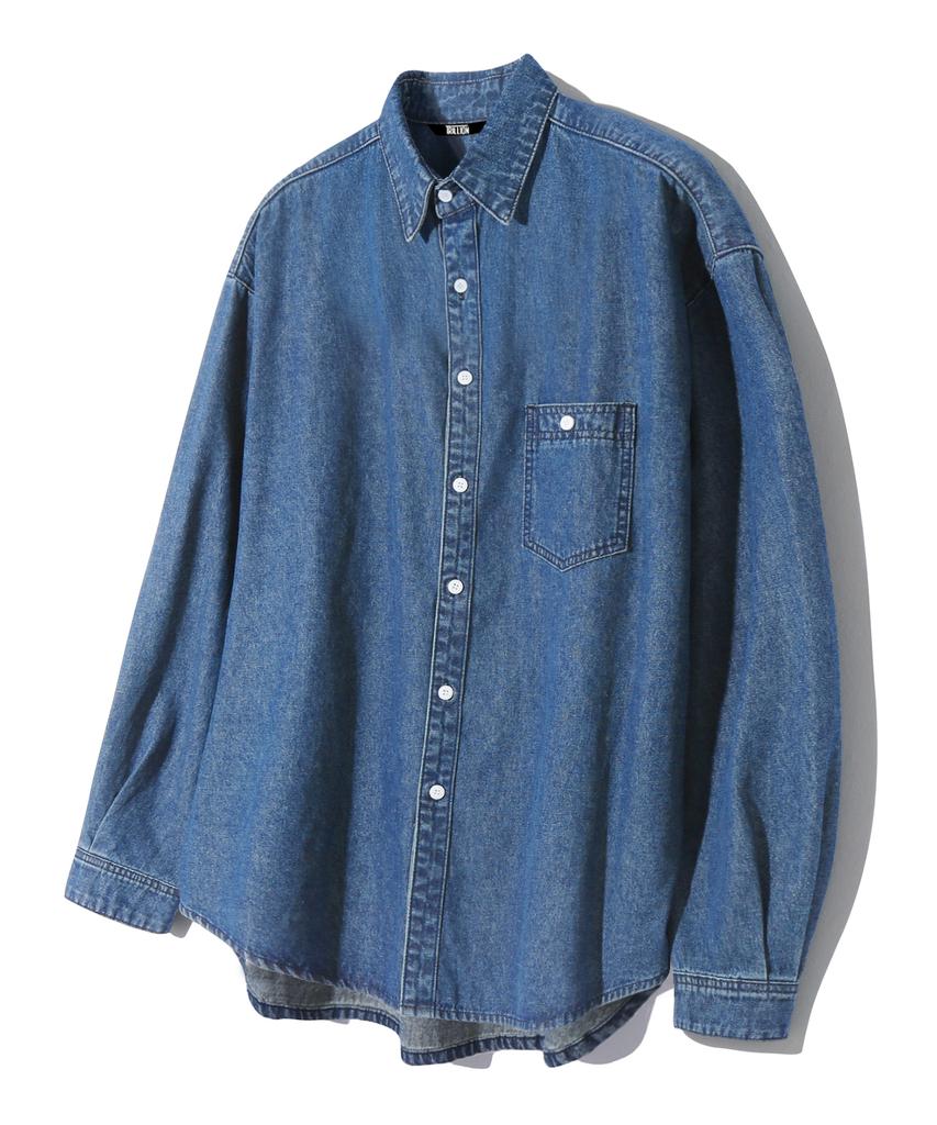 TRILLION Stone Washed Oversized Denim Long Sleeve Shirt (Middle Blue)