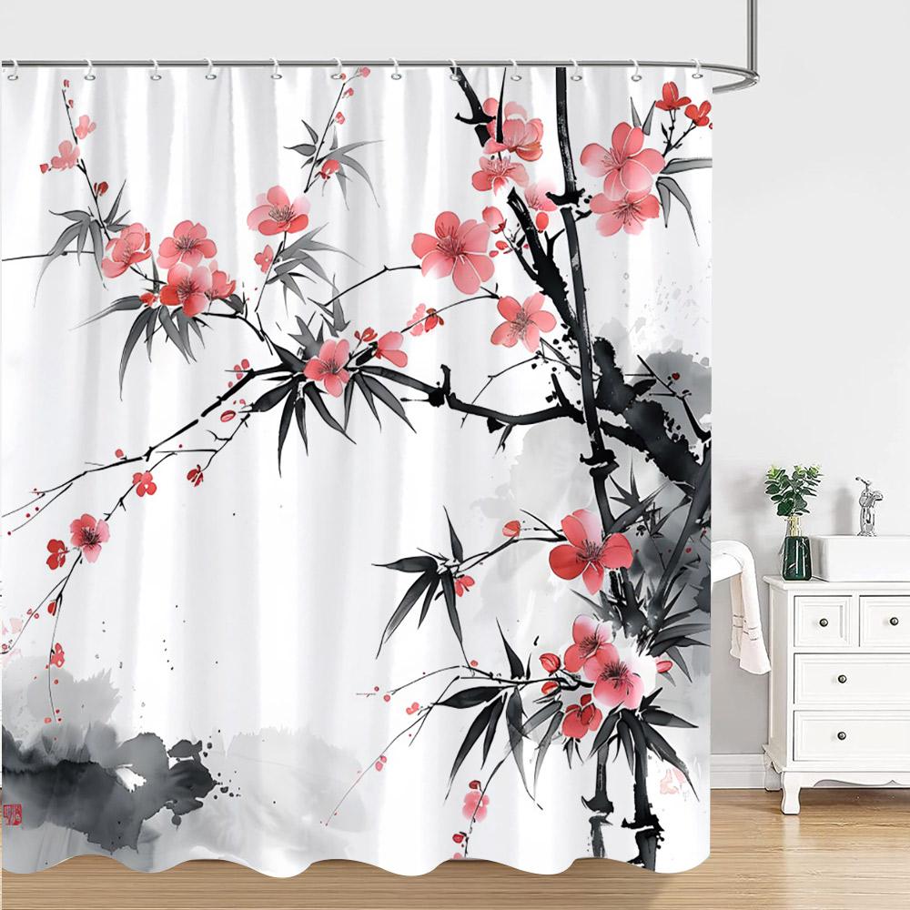 Tenda da Doccia Pittura a Inchiostro Cinese Giapponese Fiore di Prugno Rosso Pittura Artistica Stile Retrò Tende da Doccia in Poliestere Decorazione Bagno