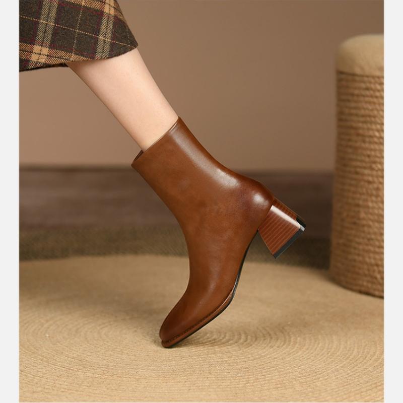 Fashion 2024 Spring and Autumn New Round Head Solid Color Simple Side Zipper High Heel Outwear Women's Naked Boots Single Boots Women