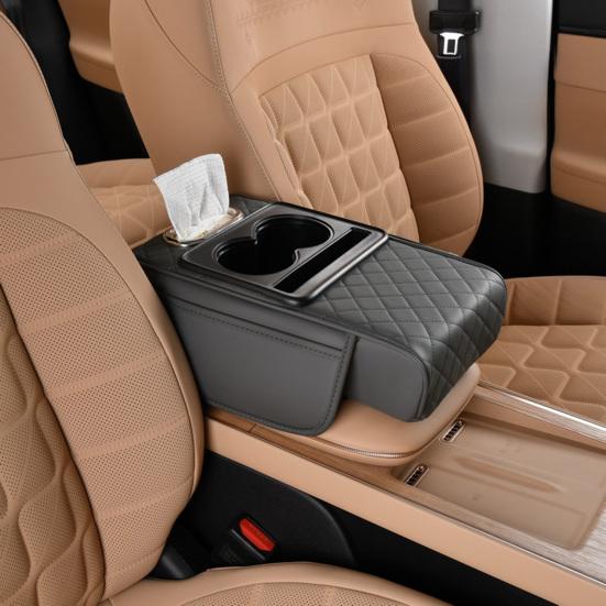 Multifunctional Car Armrest Box Faux Leather Armrest Organizer Mat Center Console Cover with Side Pockets Cup