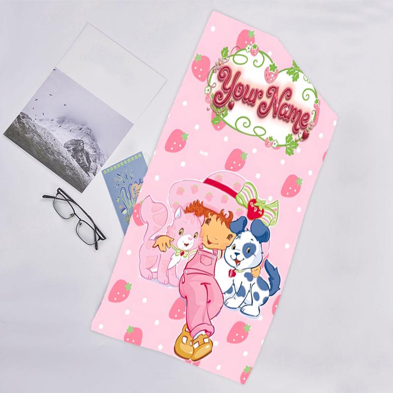 1pc Princess Strawberry Beach Towel with Custom Name, Beach and Seaside Swimming Pool Equipment, Fashion Pattern, Rectangular, Travel Essential