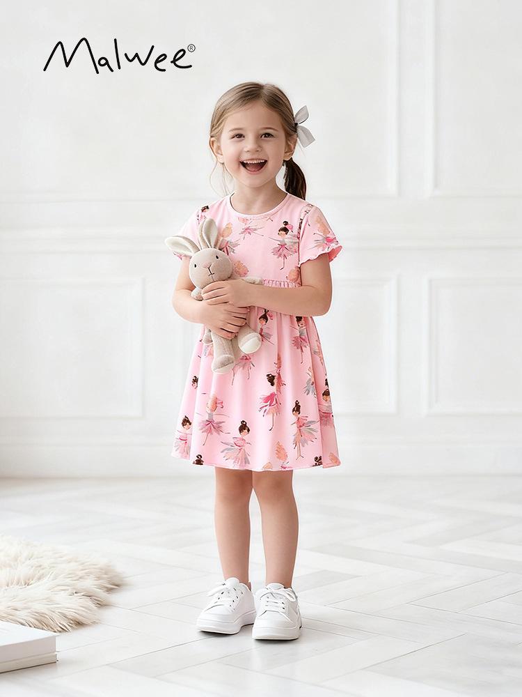 Malwee Girls' Autumn/Winter Cute Print Short Sleeve Princess Dress