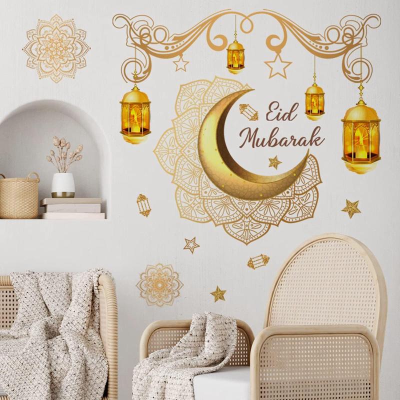 Eid Mubarak Wall Stickers Moon Star Lantern Ramadan Kareem Wall Decals Muslim Islamic Window Sticker Decorations for Home 2026