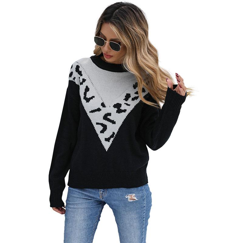 Vintage Fashion Elegant Casual Autumn and Winter Women's Leopard Print Color Collision Long-sleeved Lazy Wind Sweater