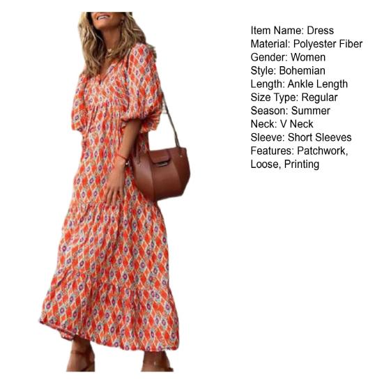 Bohemian Floral Print Dress Women V Neck A-line Maxi Beach Dress with Puff Sleeves Casual Loose Printed High