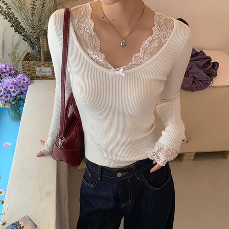 Lace V Neck Casual Knitted Sweater for Women Autumn and Winter New Slim Fit Knitted Sweaters Women Tops Elegant Solid Vintage Ladies Jumpers 25865
