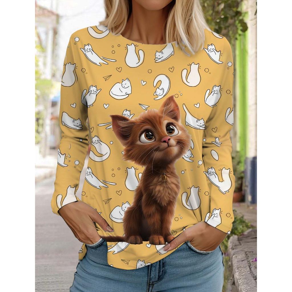 Christmas Cute Cat Women's Long Sleeve T-Shirt Autumn Animal Clothing Holiday Fashion Party T-Shirt
