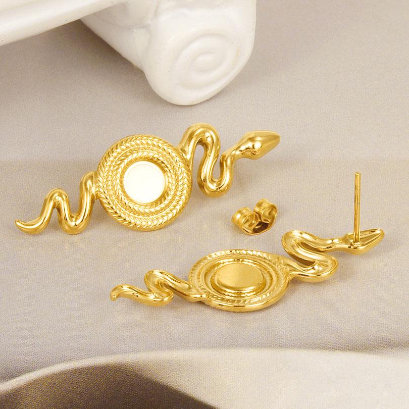 Geometric Round Square Heart Snake Blank Settings Cobochons Stainless Steel Ear Studs For Women Men Real Gold Plated DIY Jewelry