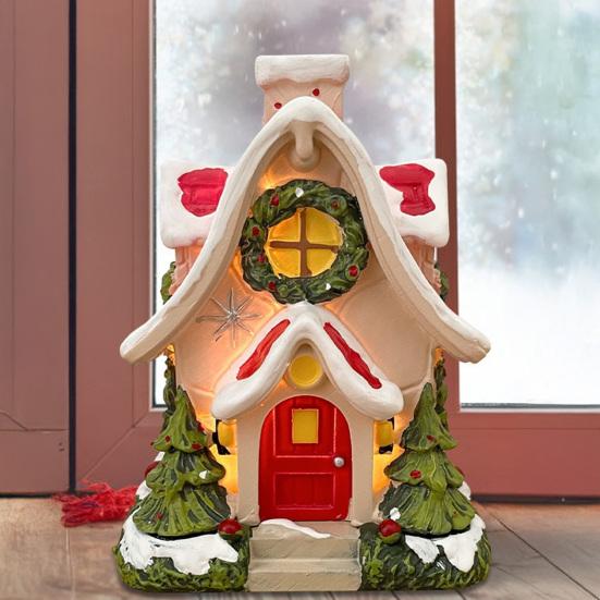 Mini Christmas House Figurine Small Resin Snowy Village House Statue with Wreath And Pine Trees