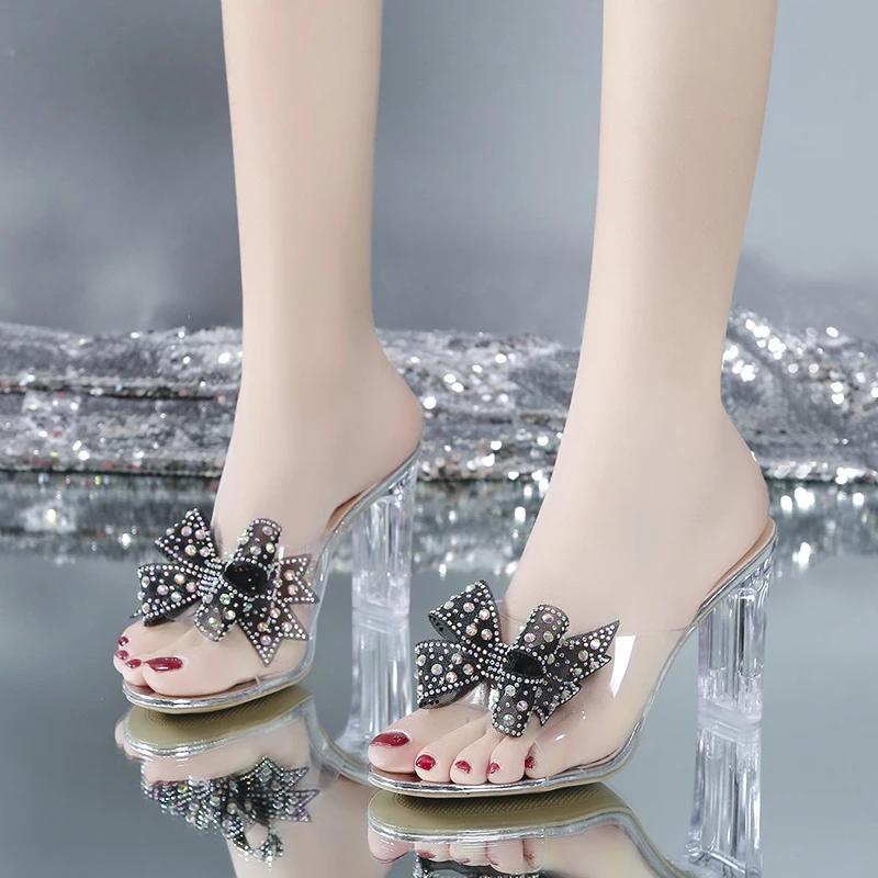 Wind Summer New Sandals Transparent Sexy Crystal High-heeled Outer Wear Net Red Thick Heel Comfortable Women's Shoes