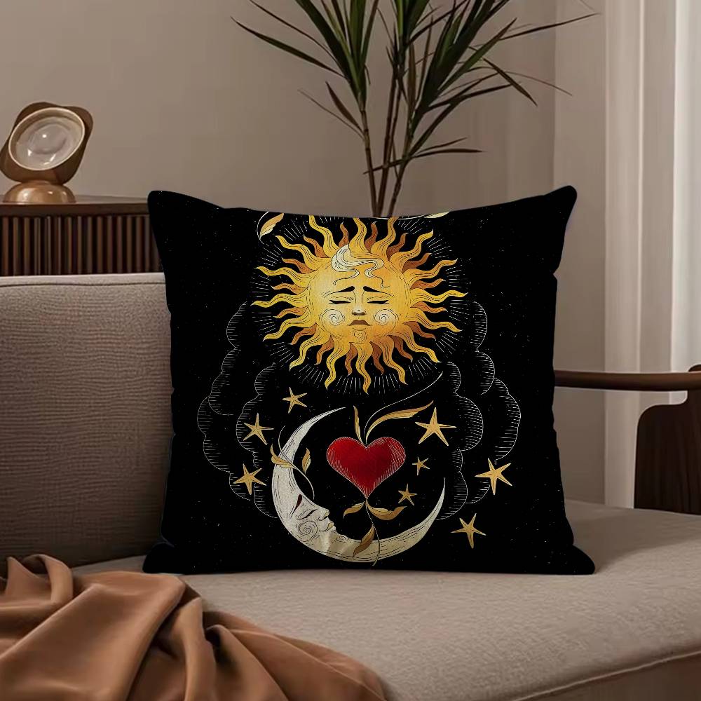 Housse de coussin Série Mandala Soleil Lune Housse de coussin Anti-acariens Fermeture éclair invisible Peluche courte soyeuse Housse de coussin de canapé