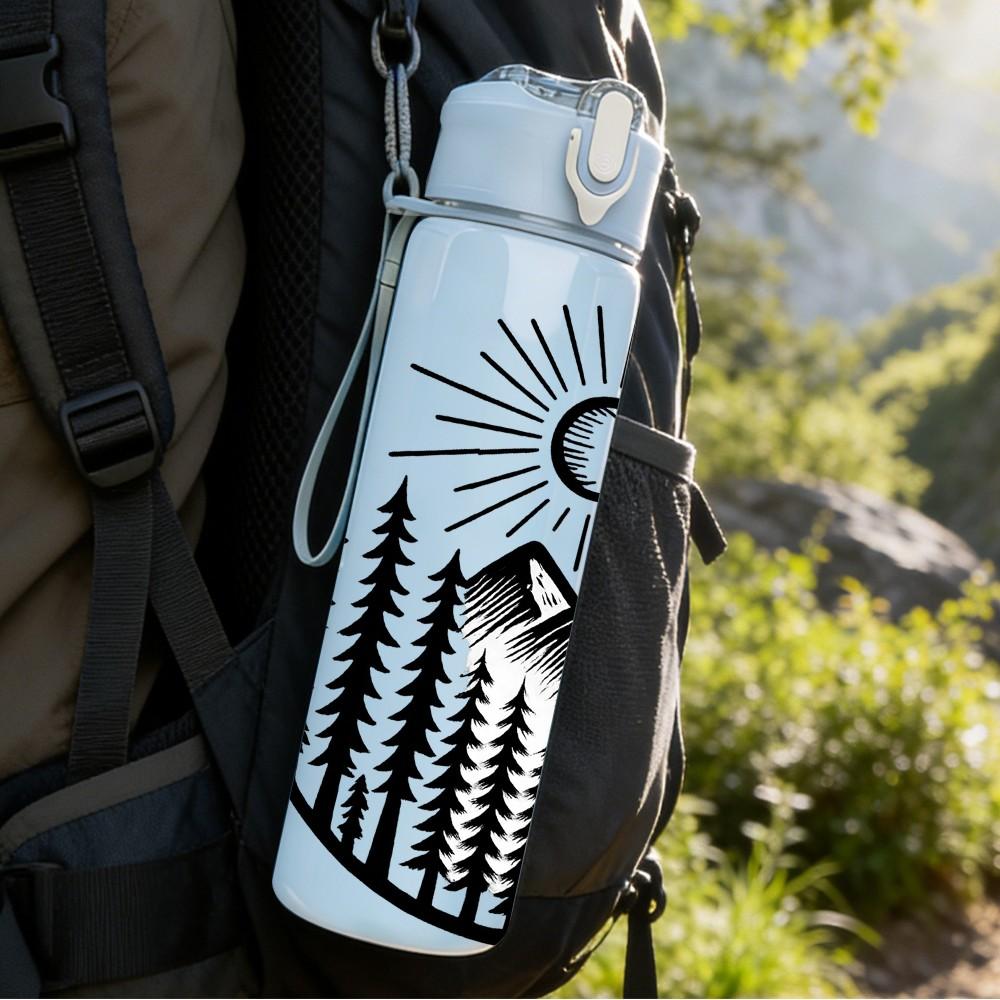 1PC Mountain Sun Forest Line Art 750ml Color Plastic Sports Water Bottle Leakproof Flip Straw Lid Suitable for Sports Office Home Use