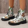 Women's Boots Printing Flower Double Zip Thick Bottom Vintage British Style Motorcycle Slim Short Boots Trendy Women's Footwear