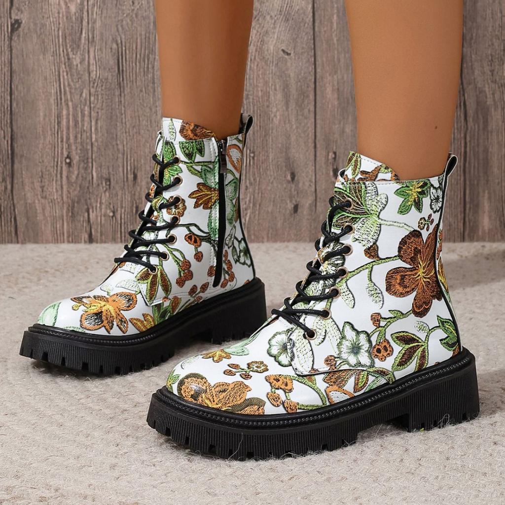 Damenstiefel mit Blumenmuster, doppeltem Reißverschluss, dicker Sohle, Vintage-Motorradstiefel im britischen Stil, schmale kurze Stiefel, trendige Damenschuhe