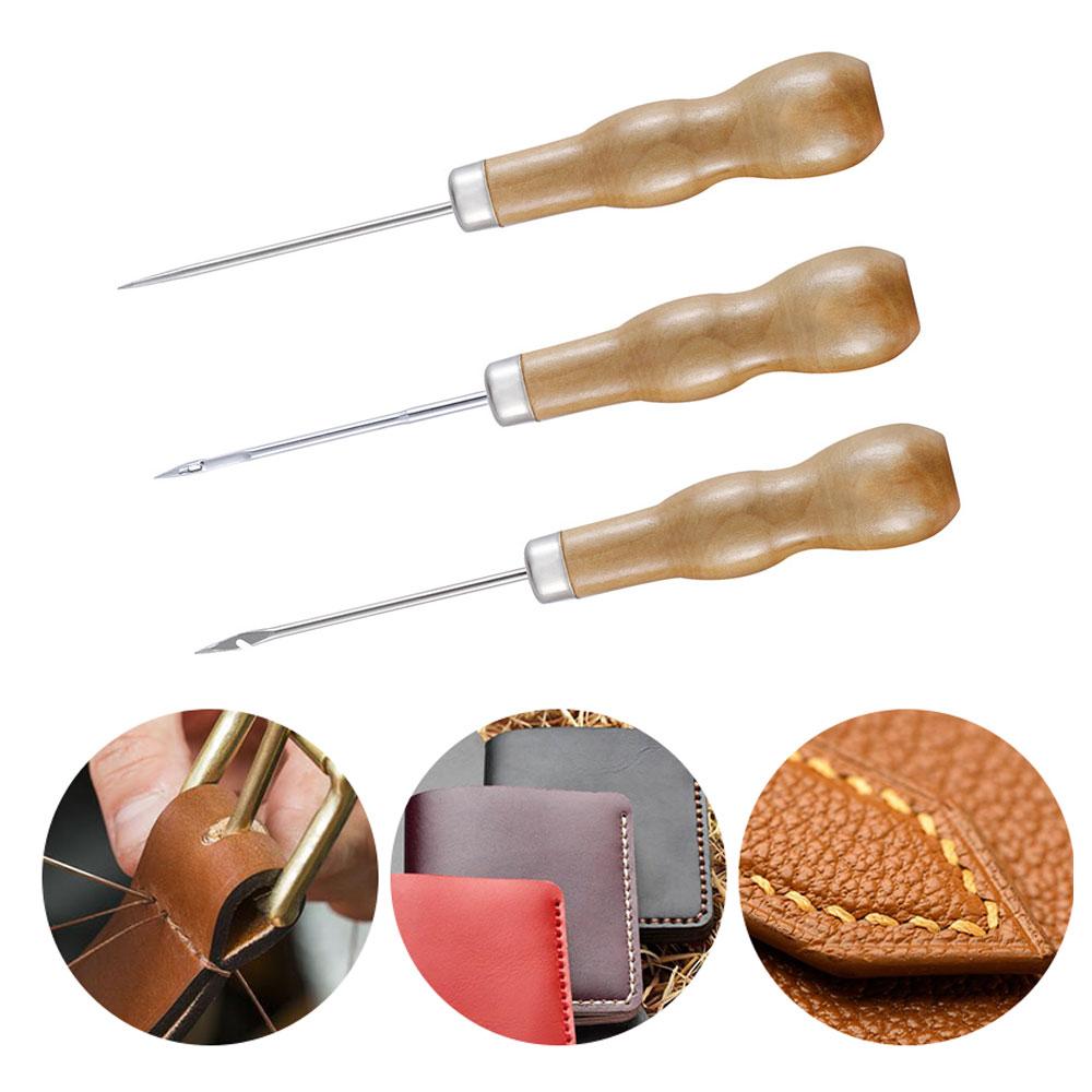 3 adet/takım ahşap saplı ayakkabı tamiri bız deri ayakkabı dikiş ayakkabıcı aracı DIY zanaat tamir el dikiş düz kavisli kanca