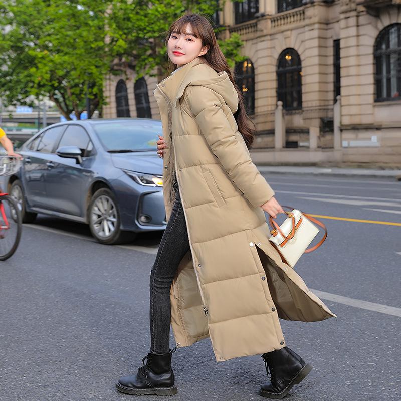 Over The Knee Long Padded Jacket Women's Fashion Slim Down Cotton Hooded Thickened Padded Coat