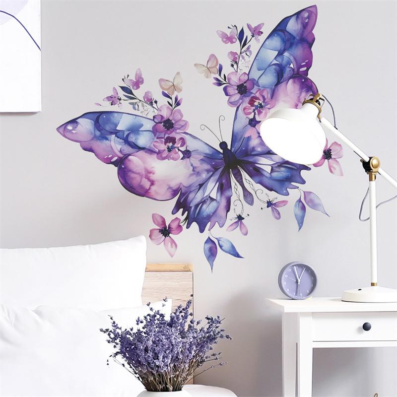 Autocollant Mural Fleur Papillon Violet Autocollant Réfrigérateur Sur Porte Placard Chambre Décalcomanie Décoration Embellissement Maison
