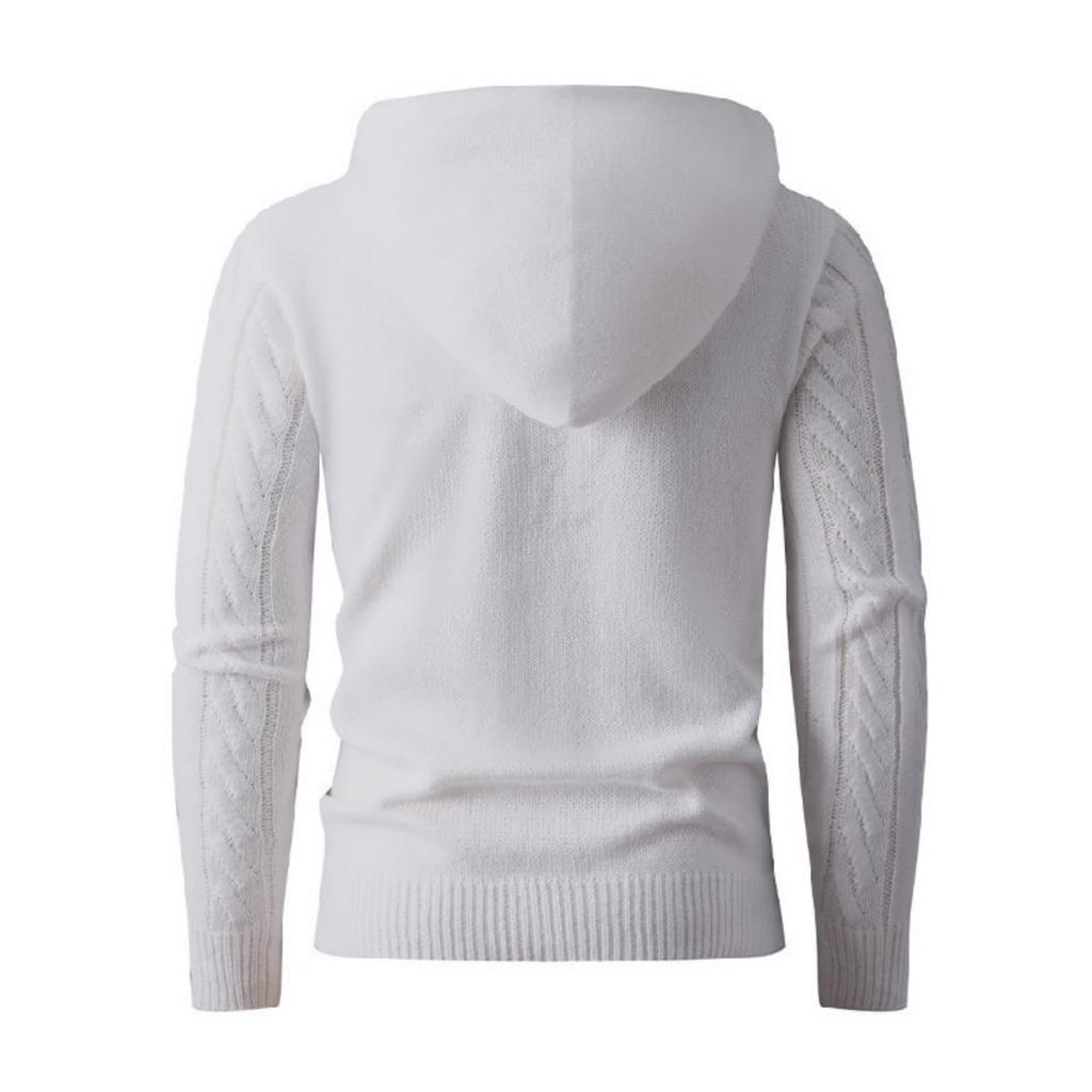 Men's Solid-color Casual Long-sleeved Hooded Pullover, Men's Button Collar Embossed Texture Warm Knitted Sweater