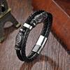 Mens Viking Compass Rune Amulet Beads Stainless Steel Double Strand Leather Bracelet Homme Pulseras