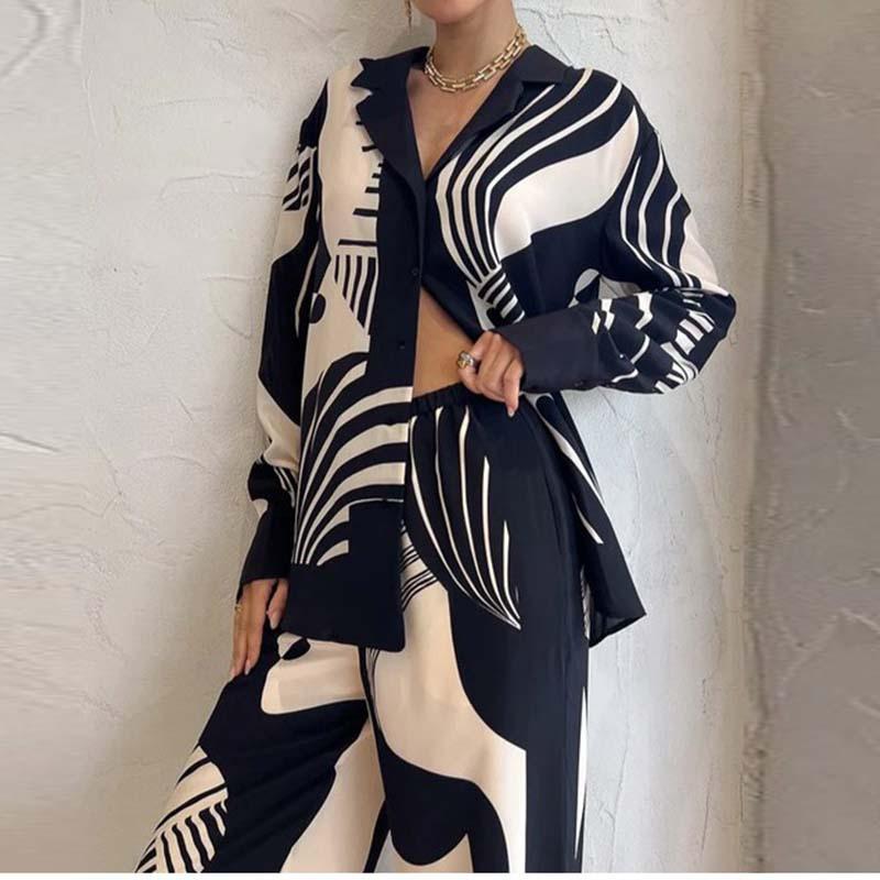 Women's Temperament Elegant Trend Printed Long Sleeve Top Long Pants Casual Fashion Pant Suit