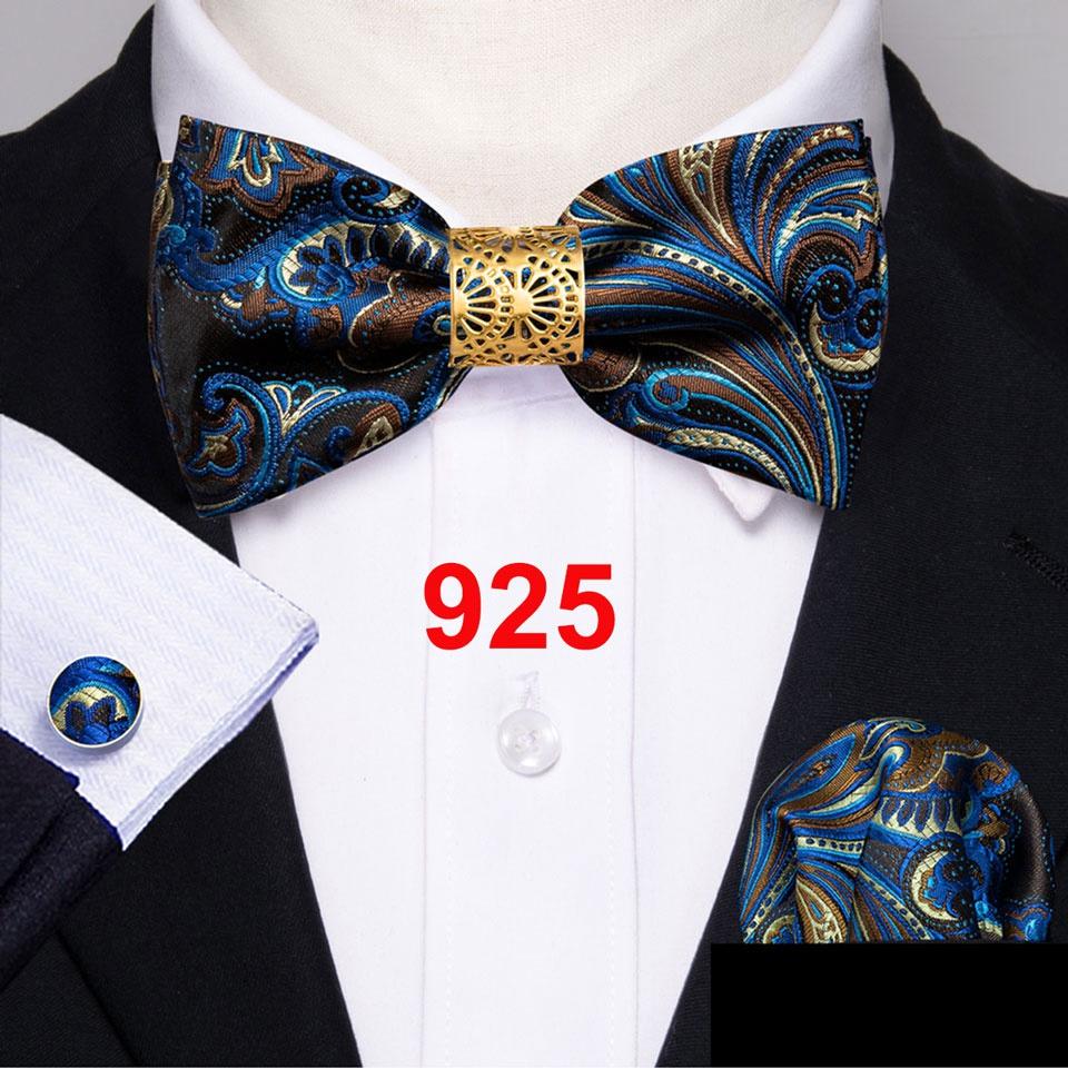 Barry.Wang Bowtie for Men Paisley Plaids Silk Pretied Bowtie Hanky Cufflinks Set