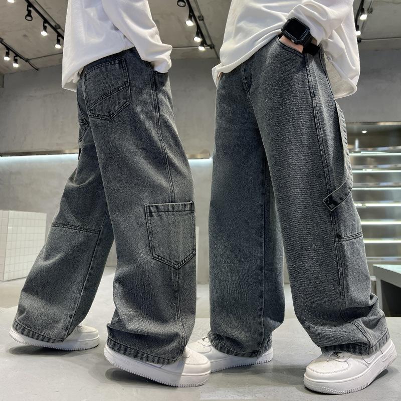 Jeans cargo pour adolescents garçons printemps et automne, pantalons en denim à jambes larges pour enfants, pantalons amples à poches