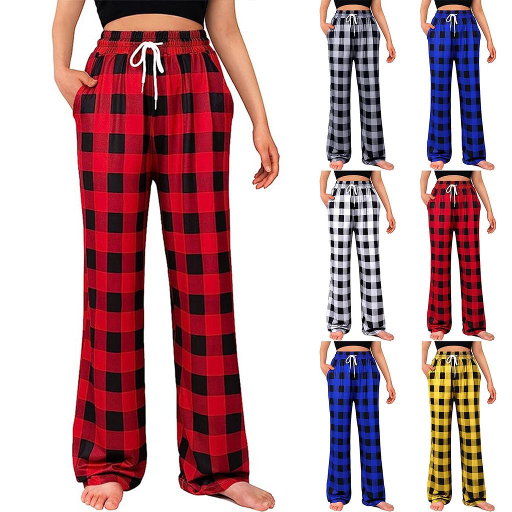 Women's Fashion Straight Leg Pants Drawstring Stretch Plaid Comfort Pajama Pants