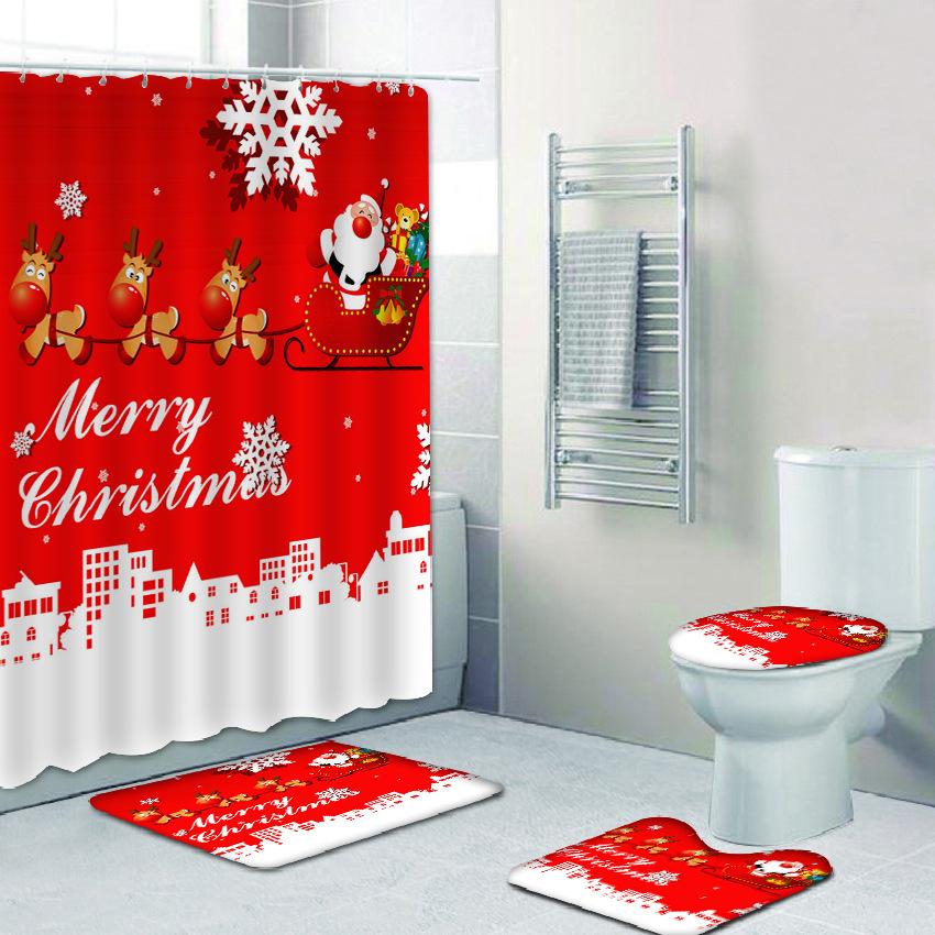 Yeni Noel Ağacı 3D Baskı Duş Perdesi Polyester Su Geçirmez Kırmızı Çan Zemin Mat Tuvalet Seti Banyo Aksesuarları Küf Geçirmez