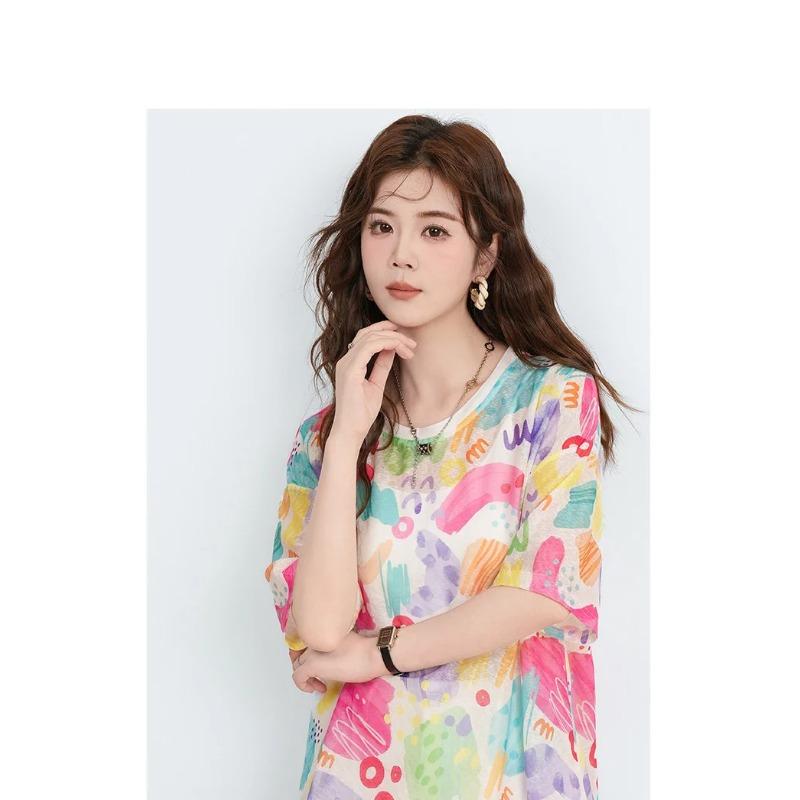 DIMANAF 2026 Große Größen Sommer Damen T-Shirts Lässige Damen Tops Tunika T-Shirts Hemd Strand Übergröße Locker Floral Print Gestrickt
