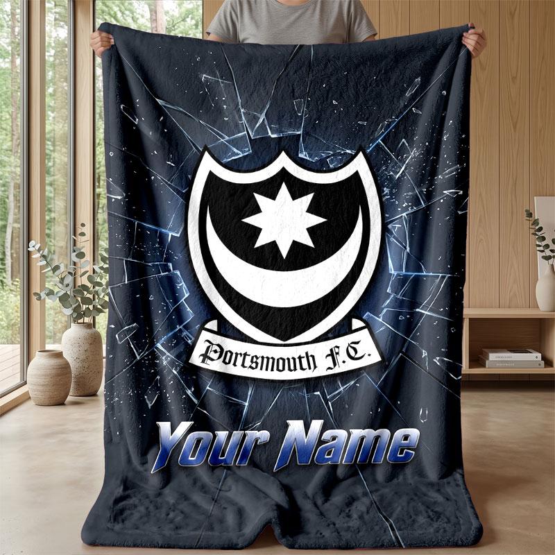 Portsmouth FC Benutzerdefinierter Name Text Flanelldecke Fußball Logo Personalisierte Fleece-Kuscheldecke Besonderes Geschenk für Sofa Schlafzimmer Zuhause